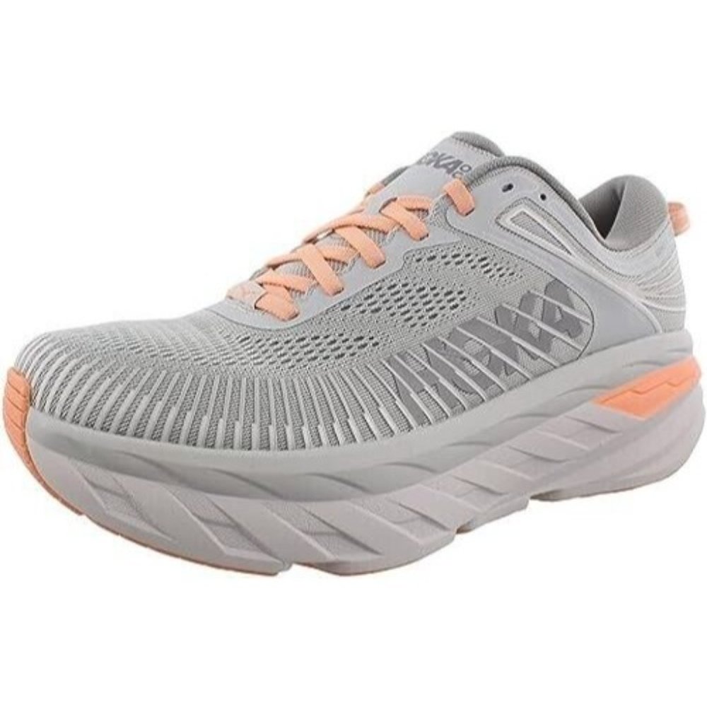 HOKA ONE ONE Bondi 7 Womens Shoes Gray & Peach Lace Up Running Size 7